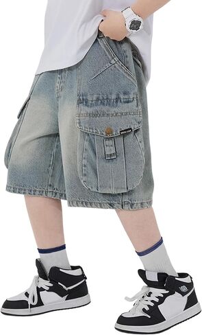 Rolanko Boys Baggy Jorts, Elastic Waist Wide Leg Jean Shorts Loose Denim Shorts with Pockets Y2K Streetwear in Saudi Arabia