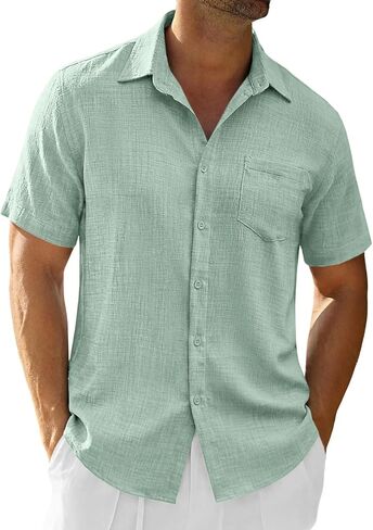 Runcati Mens Button Down Shirts Linen Casual Short Sleeve Shirt Summer Beach Textured Tops with Pocket in Kuwait