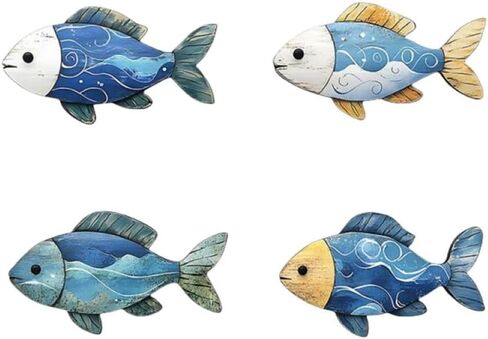 Corkwaw 4 Pcs Wooden Fish Wall Decor, Nautical Beach Theme, Decorative Hanging Art in Saudi Arabia