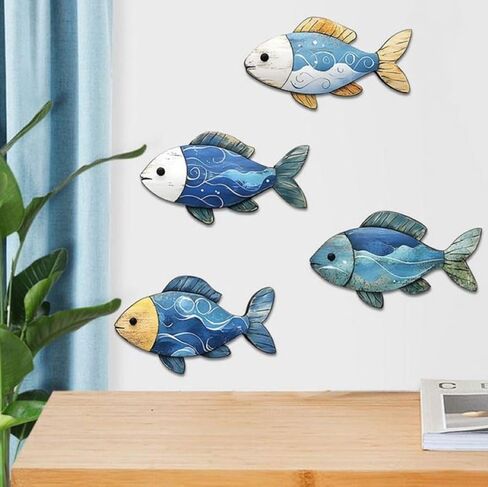 Corkwaw 4 Pcs Wooden Fish Wall Decor, Nautical Beach Theme, Decorative Hanging Art in Saudi Arabia