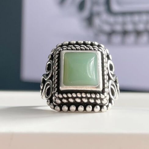 Square Stone Ring,Vintage Retro Sterling Silver Natural Crystal Quartz Gemstone Solitaire Boho Bohemian Ring Jewelry for Women Her in Saudi Arabia
