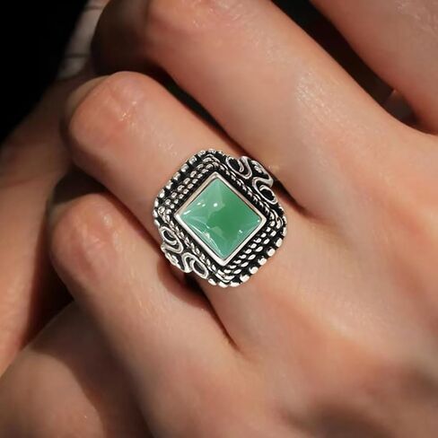 Square Stone Ring,Vintage Retro Sterling Silver Natural Crystal Quartz Gemstone Solitaire Boho Bohemian Ring Jewelry for Women Her in Saudi Arabia