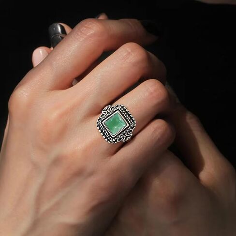 Square Stone Ring,Vintage Retro Sterling Silver Natural Crystal Quartz Gemstone Solitaire Boho Bohemian Ring Jewelry for Women Her in Saudi Arabia