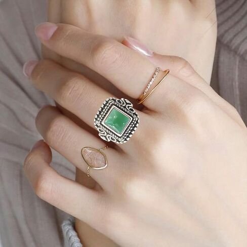 Square Stone Ring,Vintage Retro Sterling Silver Natural Crystal Quartz Gemstone Solitaire Boho Bohemian Ring Jewelry for Women Her in Saudi Arabia
