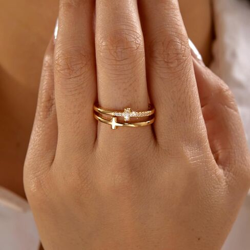 Trendy Double Layer Cross Ring for Women, Micro Pave Tiny Cubic Zirconia Finger Jewelry, Elegant Stackable Ring for Daily Wear in Kuwait