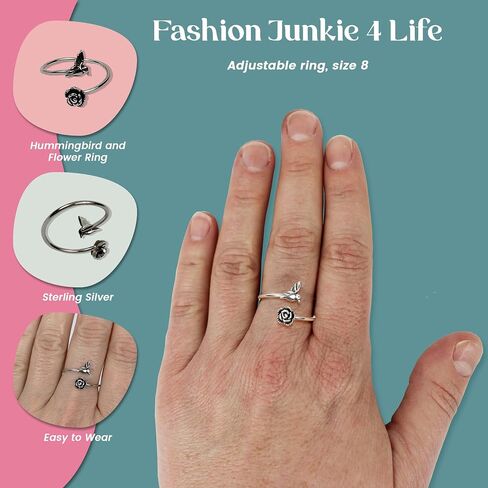 FashionJunkie4Life خاتم من الفضة الإسترليني على شكل طائر طنان وزهرة | مقاس قابل للتعديل 8 | هدية الطيور اللذيذة للنساء in Kuwait