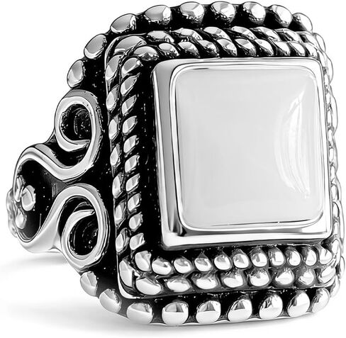 Square Stone Ring,Vintage Retro Sterling Silver Natural Crystal Quartz Gemstone Solitaire Boho Bohemian Ring Jewelry for Women Her in Saudi Arabia