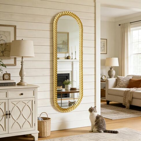 OUSHUAI Long Oval Full Length Mirrors, 47"x16" Floor Mirrors with Gold Twisted Rope Frame, Tall Vintage Decorative Body Mirror Wall for Bedroom, Dressing Living Room, Entryway, Cloakroom in Saudi Arabia