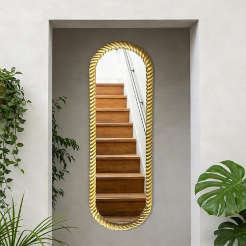 OUSHUAI Long Oval Full Length Mirrors, 47"x16" Floor Mirrors with Gold Twisted Rope Frame, Tall Vintage Decorative Body Mirror Wall for Bedroom, Dressing Living Room, Entryway, Cloakroom in Saudi Arabia
