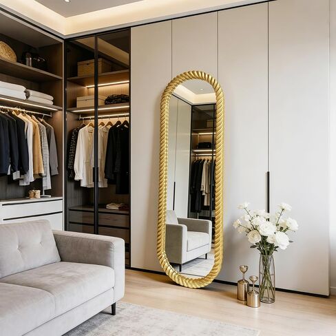 OUSHUAI Long Oval Full Length Mirrors, 47"x16" Floor Mirrors with Gold Twisted Rope Frame, Tall Vintage Decorative Body Mirror Wall for Bedroom, Dressing Living Room, Entryway, Cloakroom in Saudi Arabia