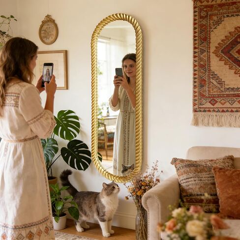 OUSHUAI Long Oval Full Length Mirrors, 47"x16" Floor Mirrors with Gold Twisted Rope Frame, Tall Vintage Decorative Body Mirror Wall for Bedroom, Dressing Living Room, Entryway, Cloakroom in Saudi Arabia