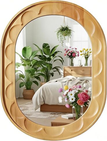 Entryway Small Mirrors for Wall, 16 x 12 Inch Bathroom Wood Mirror with Carved Wooden Frame and High-Definition Glass, Boho Wall Mirror Decorative for Bathroom, Entryway, Bedroom, Hallway in Saudi Arabia