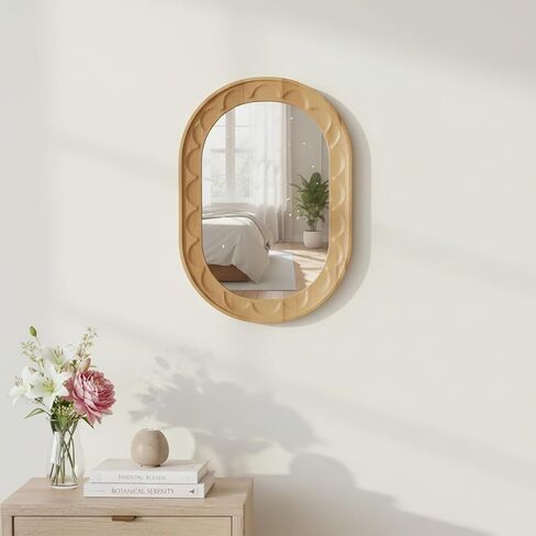 Entryway Small Mirrors for Wall, 16 x 12 Inch Bathroom Wood Mirror with Carved Wooden Frame and High-Definition Glass, Boho Wall Mirror Decorative for Bathroom, Entryway, Bedroom, Hallway in Saudi Arabia