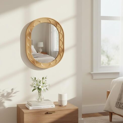 Entryway Small Mirrors for Wall, 16 x 12 Inch Bathroom Wood Mirror with Carved Wooden Frame and High-Definition Glass, Boho Wall Mirror Decorative for Bathroom, Entryway, Bedroom, Hallway in Saudi Arabia