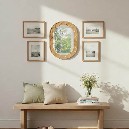 Entryway Small Mirrors for Wall, 16 x 12 Inch Bathroom Wood Mirror with Carved Wooden Frame and High-Definition Glass, Boho Wall Mirror Decorative for Bathroom, Entryway, Bedroom, Hallway in Saudi Arabia
