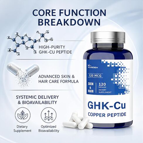 GHK-Cu Copper Peptide Supplement - 120mcg with Hyaluronic Acid 50mg & Biotin 200mcg - Supports Collagen, Skin Elasticity & Hair Health - Vegan, Gluten-Free - 120 Capsules in Saudi Arabia