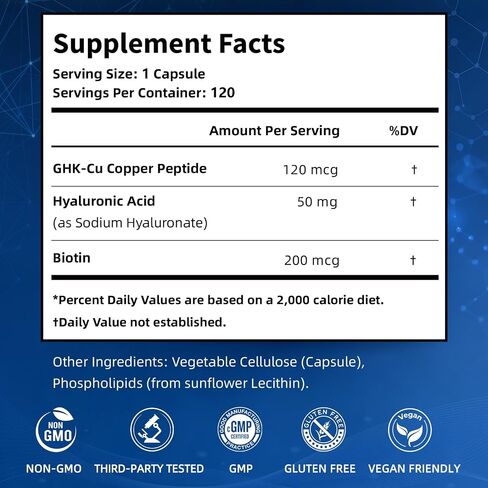 GHK-Cu Copper Peptide Supplement - 120mcg with Hyaluronic Acid 50mg & Biotin 200mcg - Supports Collagen, Skin Elasticity & Hair Health - Vegan, Gluten-Free - 120 Capsules in Saudi Arabia