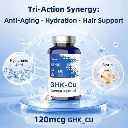 GHK-Cu Copper Peptide Supplement - 120mcg with Hyaluronic Acid 50mg & Biotin 200mcg - Supports Collagen, Skin Elasticity & Hair Health - Vegan, Gluten-Free - 120 Capsules in Saudi Arabia