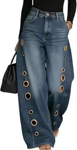 Geulis Women's Wide Leg Jeans Trendy Metal Circle Ring Cut-Out Denim Pants Boyfriend Baggy High Waisted Jeans in Saudi Arabia