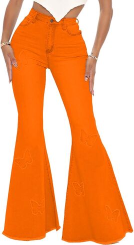 Bell Bottom Jeans for Women Butterfly Vintage High Waisted Skinny Flared Jeans Wide Leg Raw Hem Denim Pants,Orange 2576_X-Large in Saudi Arabia