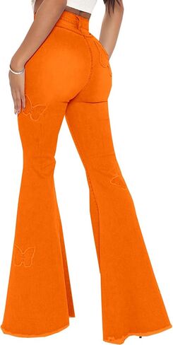 Bell Bottom Jeans for Women Butterfly Vintage High Waisted Skinny Flared Jeans Wide Leg Raw Hem Denim Pants,Orange 2576_X-Large in Saudi Arabia