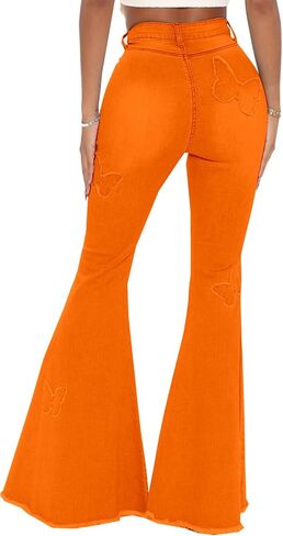 Bell Bottom Jeans for Women Butterfly Vintage High Waisted Skinny Flared Jeans Wide Leg Raw Hem Denim Pants,Orange 2576_X-Large in Saudi Arabia