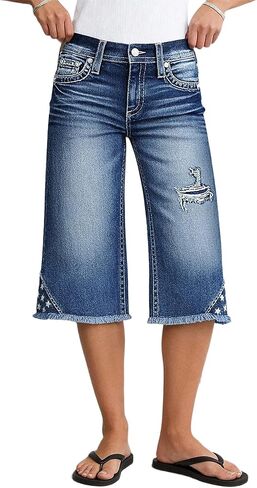 Flamingals Capri Wide Leg Jeans for Women High Waist Ripped Trendy Stretchy Star Embroidery Raw Hem Denim Pants in Kuwait