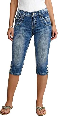 Flamingals Mid Rise Capri Skinny Jeans for Women Wash Stitch Detail Crop Slim Fitted Button Hem Denim Jeans with Pockets in Kuwait