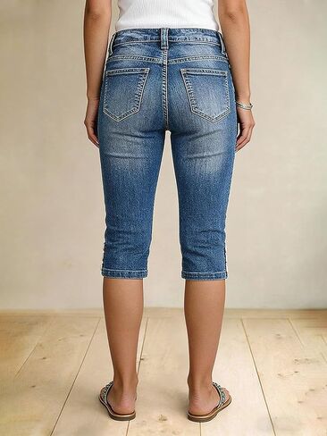 Flamingals Mid Rise Capri Skinny Jeans for Women Wash Stitch Detail Crop Slim Fitted Button Hem Denim Jeans with Pockets in Kuwait