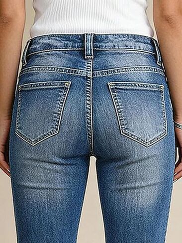 Flamingals Mid Rise Capri Skinny Jeans for Women Wash Stitch Detail Crop Slim Fitted Button Hem Denim Jeans with Pockets in Kuwait