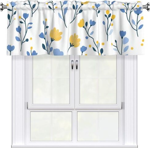 Short Rod Pocket Curtain Valance,Yellow Blue Flower Window Treatment Decor Curtains for Kitchen Living Room, Bedroom, 1 Panel, 54" W x 18" L in Saudi Arabia