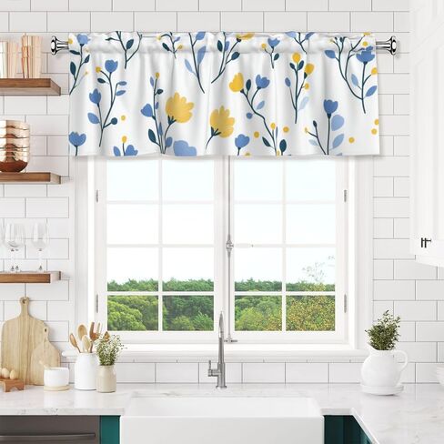 Short Rod Pocket Curtain Valance,Yellow Blue Flower Window Treatment Decor Curtains for Kitchen Living Room, Bedroom, 1 Panel, 54" W x 18" L in Saudi Arabia