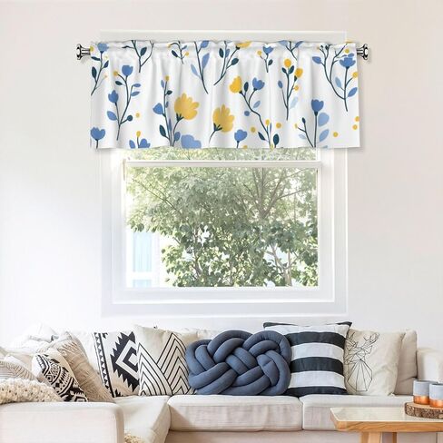 Short Rod Pocket Curtain Valance,Yellow Blue Flower Window Treatment Decor Curtains for Kitchen Living Room, Bedroom, 1 Panel, 54" W x 18" L in Saudi Arabia