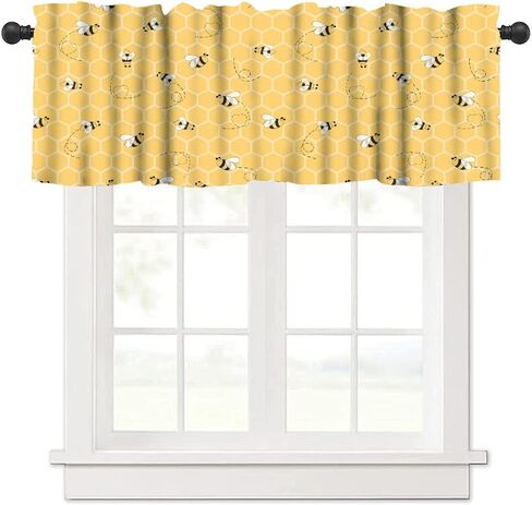 Bees Valance Curtains Rustic Vintage Geometric Hexagonal Honeycomb Yellow Art Print Rod Pocket Curtain Valance for Kitchen Bedroom Living Room Decor 1 Panel W54xL18 Inch in Saudi Arabia
