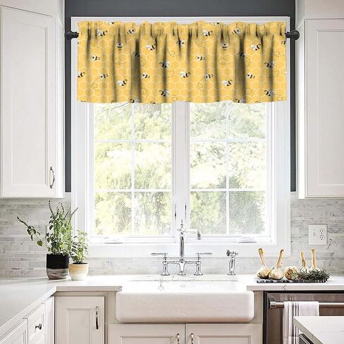 Bees Valance Curtains Rustic Vintage Geometric Hexagonal Honeycomb Yellow Art Print Rod Pocket Curtain Valance for Kitchen Bedroom Living Room Decor 1 Panel W54xL18 Inch in Saudi Arabia