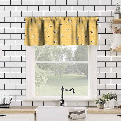 Bees Valance Curtains Rustic Vintage Geometric Hexagonal Honeycomb Yellow Art Print Rod Pocket Curtain Valance for Kitchen Bedroom Living Room Decor 1 Panel W54xL18 Inch in Saudi Arabia