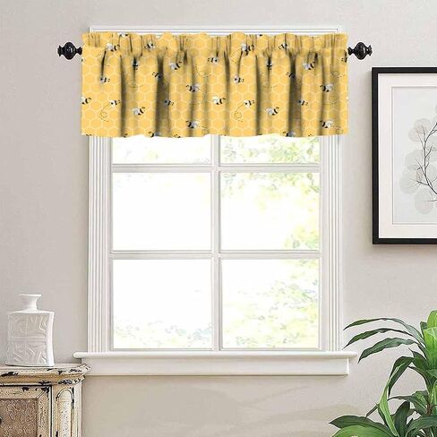 Bees Valance Curtains Rustic Vintage Geometric Hexagonal Honeycomb Yellow Art Print Rod Pocket Curtain Valance for Kitchen Bedroom Living Room Decor 1 Panel W54xL18 Inch in Saudi Arabia