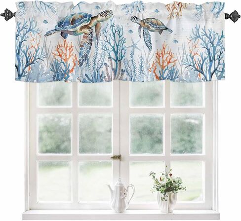 Valance Curtain Ocean Turtle Kitchen Curtain for Window Starfish Coral Blue Rod Pocket Valance Kitchen Window Treatment for Bedroom Living Room 54x18inch in Kuwait