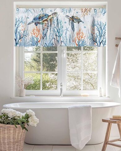 Valance Curtain Ocean Turtle Kitchen Curtain for Window Starfish Coral Blue Rod Pocket Valance Kitchen Window Treatment for Bedroom Living Room 54x18inch in Kuwait