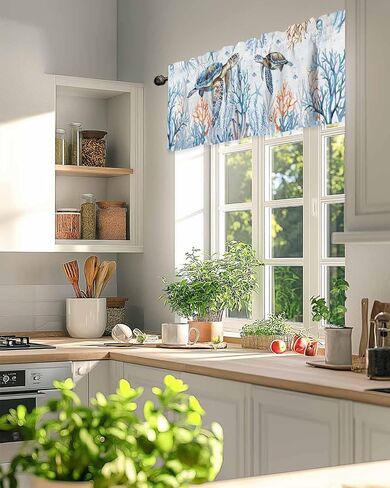 Valance Curtain Ocean Turtle Kitchen Curtain for Window Starfish Coral Blue Rod Pocket Valance Kitchen Window Treatment for Bedroom Living Room 54x18inch in Kuwait