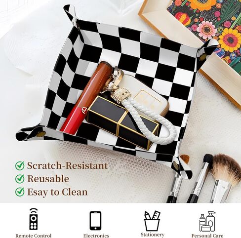 PU Leather Jewelry Valet Tray, Portable Catchall Tray for Keys, Wallet, Watch, Travel Organizer for Nightstand Desk Entryway Home Decor Gift for Women Men Classic Checkerboard in Saudi Arabia