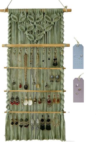 Macrame Jewelry Hanger, Hanging Jewelry Organizer,Boho Earring Holder Wall Mounted Necklace Holder, Tapestry Earrings Display, Bracelet Storage Minimalist Decor Tassel for Women Room (White) in Saudi Arabia