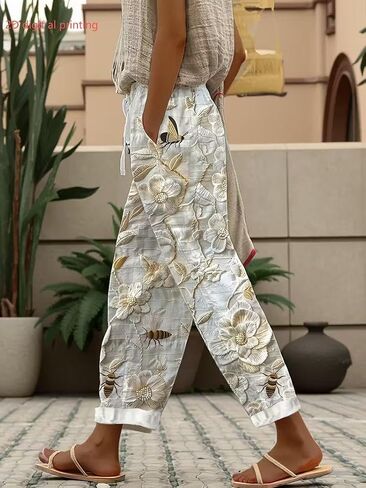 Women's White Bee and Flower Print Drawstring Waist Cropped Pants with Rolled Cuffs and Pockets for Casual Everyday Wear in Kuwait