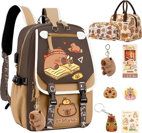 Waterproof Capybara Backpack，Large-capacity Kawaii capybara bag with 14-Piece Accessories (Lunch bag, pencil case, gel pen, Stickers and others) in Saudi Arabia