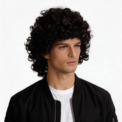 Mens Short Black Curly Cosplay Wig for 80s Rock Popstar Halloween Costume Outfit Dress Up in Saudi Arabia