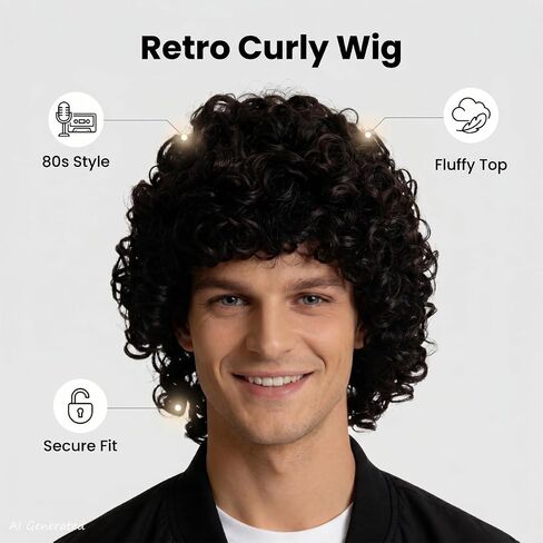 Mens Short Black Curly Cosplay Wig for 80s Rock Popstar Halloween Costume Outfit Dress Up in Saudi Arabia