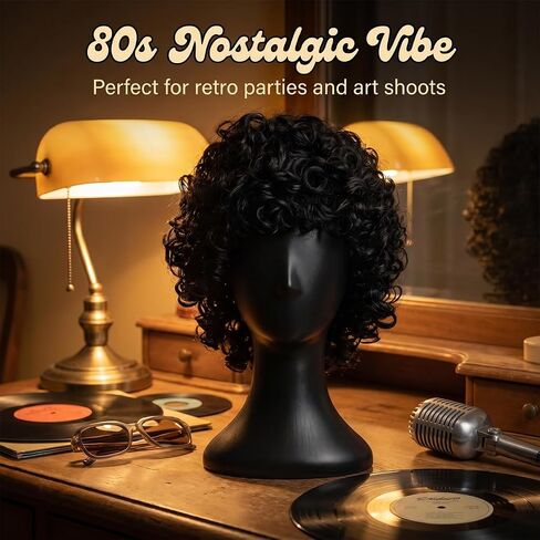 Mens Short Black Curly Cosplay Wig for 80s Rock Popstar Halloween Costume Outfit Dress Up in Saudi Arabia