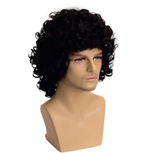 Mens Short Black Curly Cosplay Wig for 80s Rock Popstar Halloween Costume Outfit Dress Up in Saudi Arabia