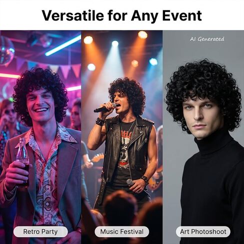 Mens Short Black Curly Cosplay Wig for 80s Rock Popstar Halloween Costume Outfit Dress Up in Saudi Arabia