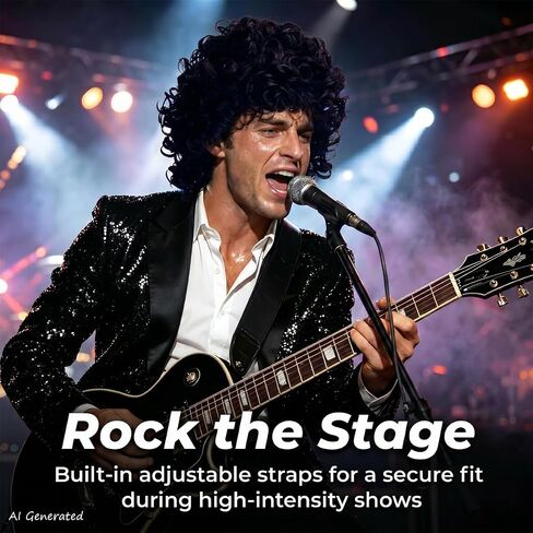 Mens Short Black Curly Cosplay Wig for 80s Rock Popstar Halloween Costume Outfit Dress Up in Saudi Arabia